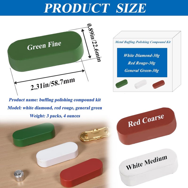 Sunxeke Metal Buffing Polishing Compound Kit,Buffing Wheel Compound Including White Diamond,Red Rouge, General Green(3 Pack, 3.5 Oz) - Image 2